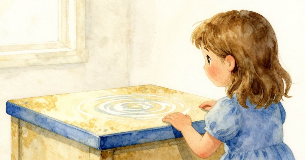 透過烏蘇拉的背影觀察，一塊木塊上藍色油漆閃爍著光芒，細紋微妙形成，彰顯溫馨室內氛圍