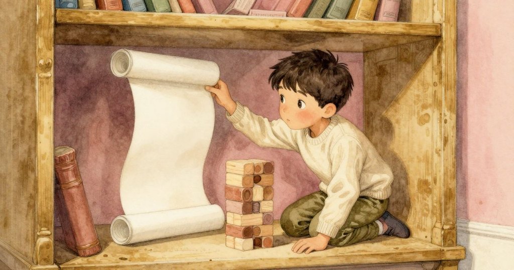 弗雷澤坐於傾斜積木旁，在隱蔽角落觀察捲曲紙條並講解積木滑動，氣氛親切且溫暖