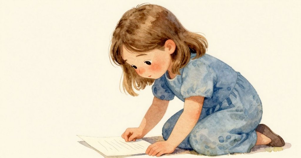 烏蘇拉跪下仔細端詳捲紙，燈光照在紙上展現細緻線條，彷彿藍色油漆逐漸固定，充滿探索神情