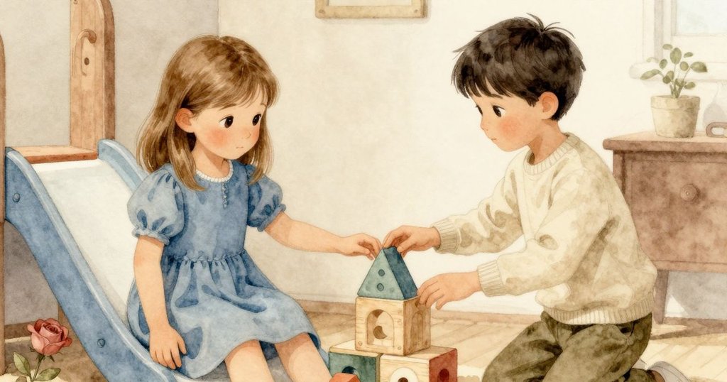 烏蘇拉與弗雷澤和諧交流，積木輕輕滑動於木地板上，溫暖光線中展現藍色油漆固定，氛圍寧靜溫馨