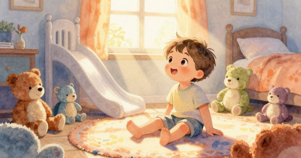 阿羅坐在溫暖的臥室地毯上,四周擺滿毛絨玩具,陽光斜照進來,表情充滿好奇與期待。