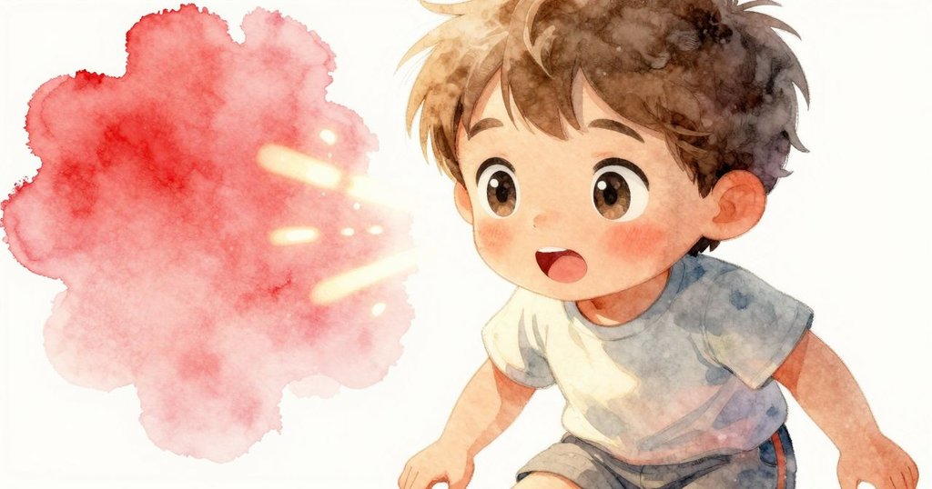 阿羅凝視著跳動的陽光,特寫中顯示出他眼中閃爍的驚奇與喜悅,背景柔和溫馨。