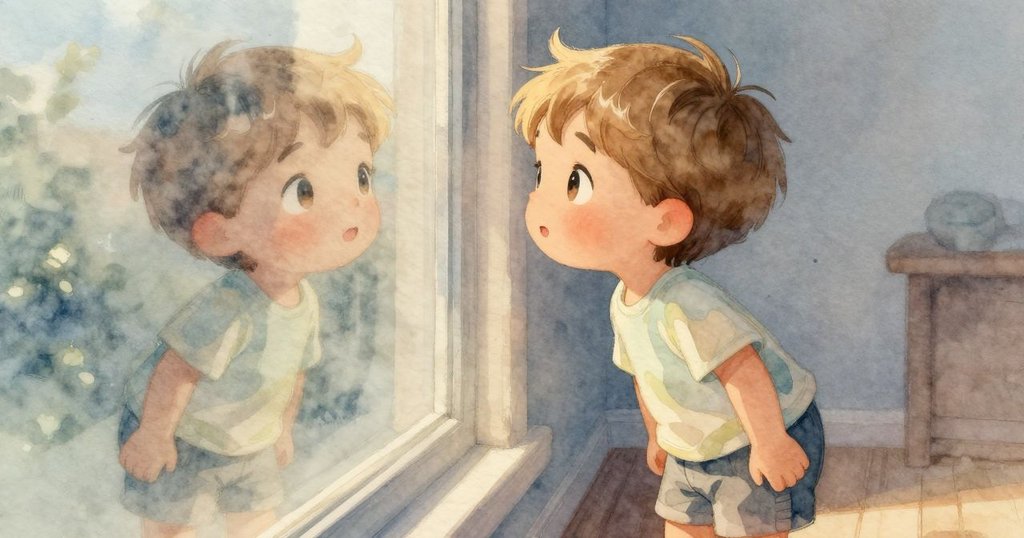 阿羅在窗戶中看見自己,臉上映著柔和晨光,眼神充滿探索與期待,溫馨的室內氛圍映襯著他。