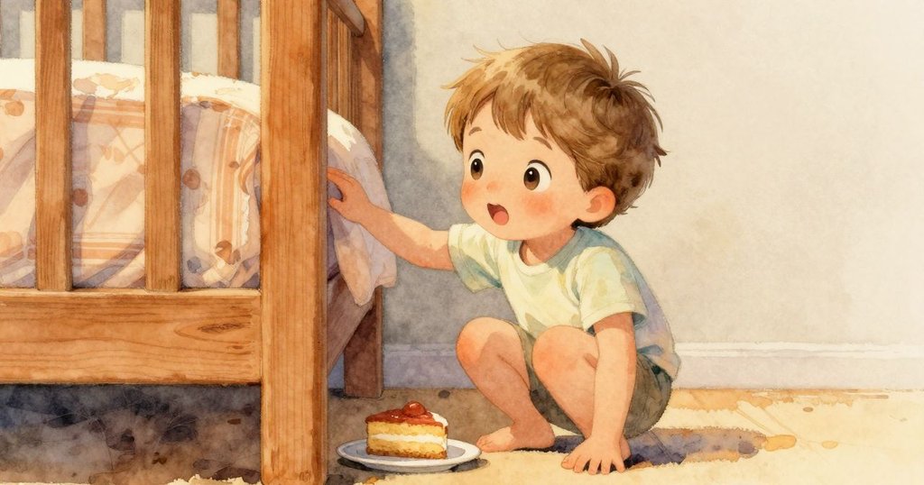 阿羅蹲在高大床架旁,悄悄進入室內另一角落,發現放著蛋糕切片的小盤子,充滿探索與驚喜。