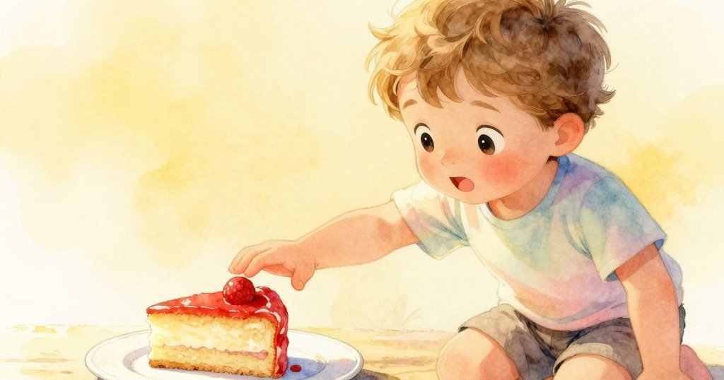 阿羅專注地凝視盤中蛋糕切片,伸出小手,陽光柔和照耀,甜美香氣和清新洗衣氣味交織。