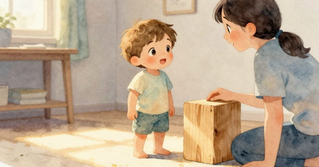 阿羅與一位親切大人在溫暖木塊旁互動,大人柔聲問候,兩人共享寧靜早晨,充滿溫情洋溢。