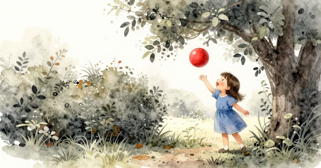 在露珠點綴的花園早晨中，女孩伸手向隱藏在樹籬後的紅球，表情充滿期待與好奇