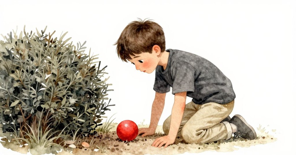 小男孩跪在露水覆蓋的泥土上，以傾斜視角呈現，手中持木枝輕觸紅球，專注神情充分展現互動細節