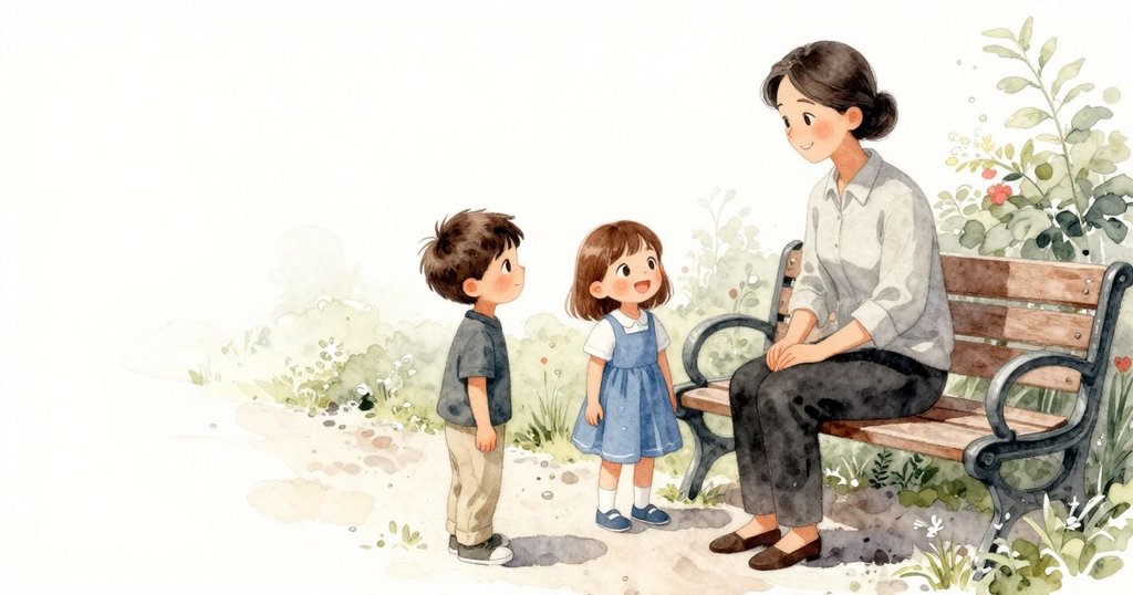 從高處俯瞰整個花園小徑，孩子們與老師分坐不同位置，露珠閃爍中展現溫馨互動與自然美景