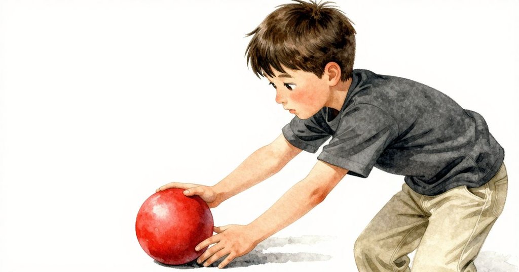 紅球因小樹根阻擋而停滯，男孩專注表情顯現全力以赴推動，光影交錯營造出緊張轉折時刻