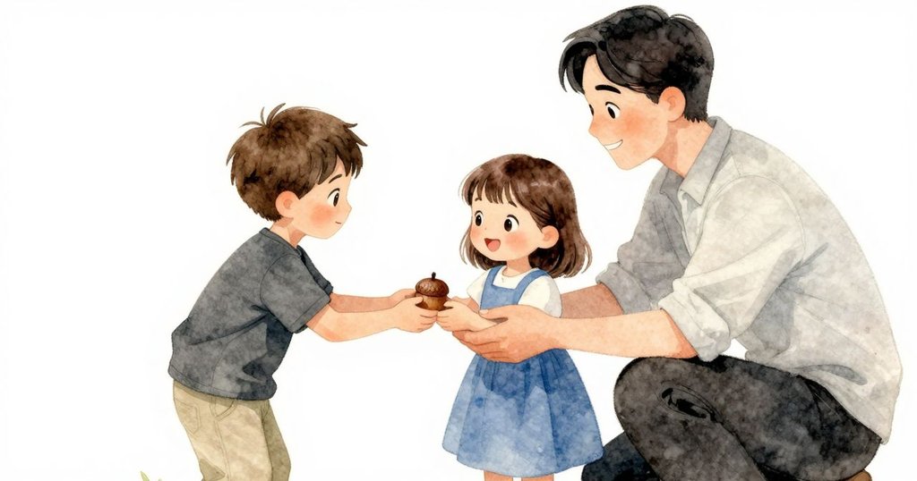 男孩微笑著將橡果遞入女孩口袋，女孩開心拍手，老師和善注視，展現友誼與感謝的溫馨結局