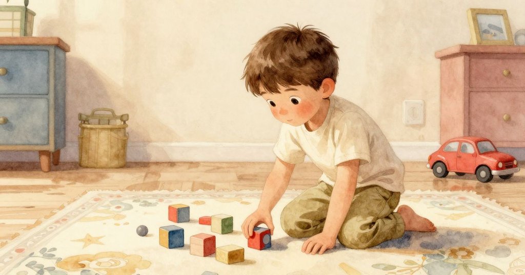 格倫在溫暖的房間中跪坐在花紋墊子上，周圍有積木、玩具車和植物，表情專注展現探索趣味