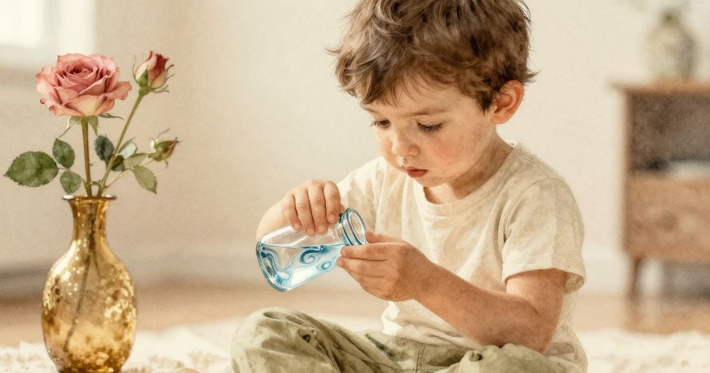 格倫特寫注視手中小瓶中旋轉閃爍的水，表情專注而柔和，捕捉奇妙瞬間