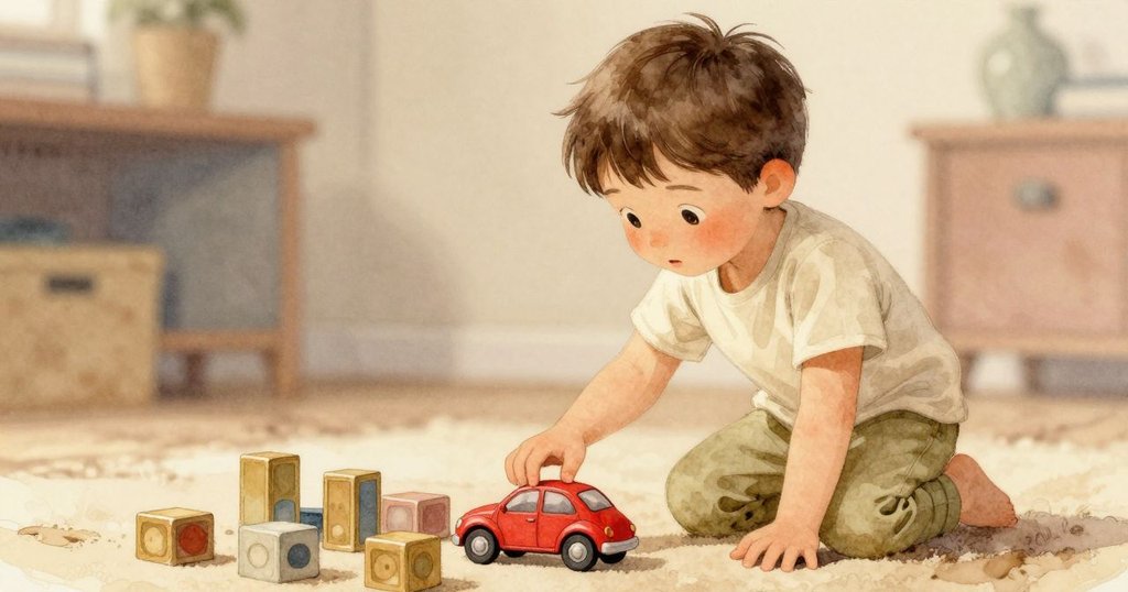 從背後角度看格倫輕推紅色玩具車，積木輕微搖晃，展現生動的玩樂瞬間和溫暖光影