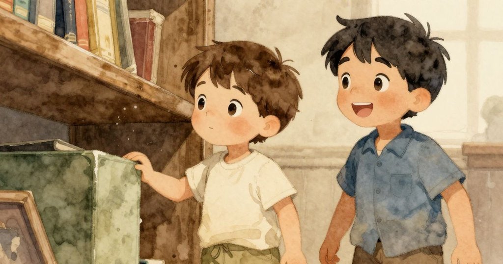 綠色積木隱藏在架子下，透過溫暖光影和飄浮塵埃展現出如水下寶藏般神秘的氛圍