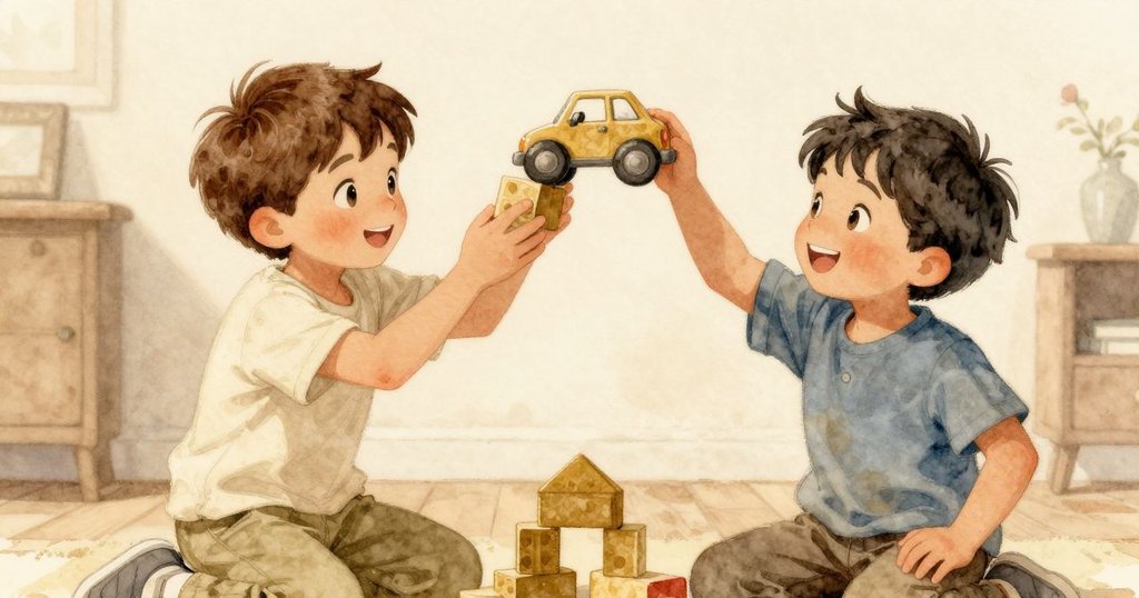 格倫與澤克快樂慶祝，兩人面帶笑容聚精會神組合積木塔，溫暖房間中洋溢著歡樂氛圍