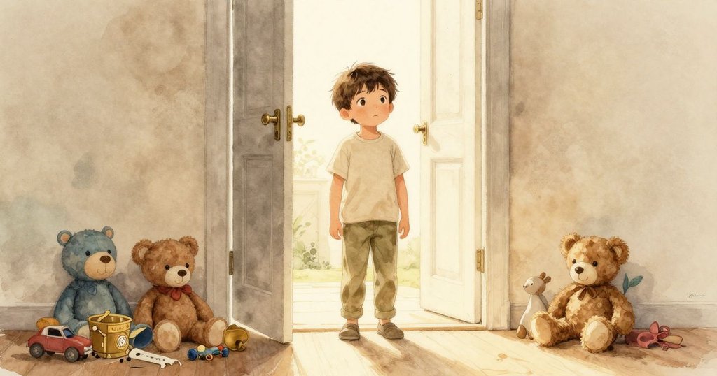 整理完積木後，格倫站在陽光灑落的開放門前，面帶滿足期待的表情，展現新冒險開始的希望