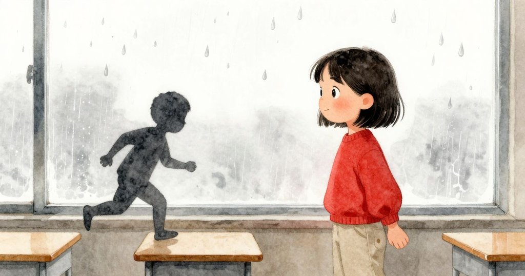 Viola 站在教室低桌間，透過窗外雨滴賽跑的光影，展現出動感與內斂的身影，房間充滿柔和灰光。