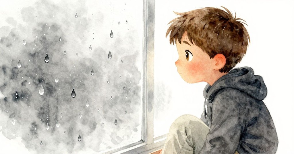 Bram 靠近窗邊凝視著雨滴融合成線，面部表情充滿驚奇與沉思，教室內柔和灰光映襯出靜謐氛圍。