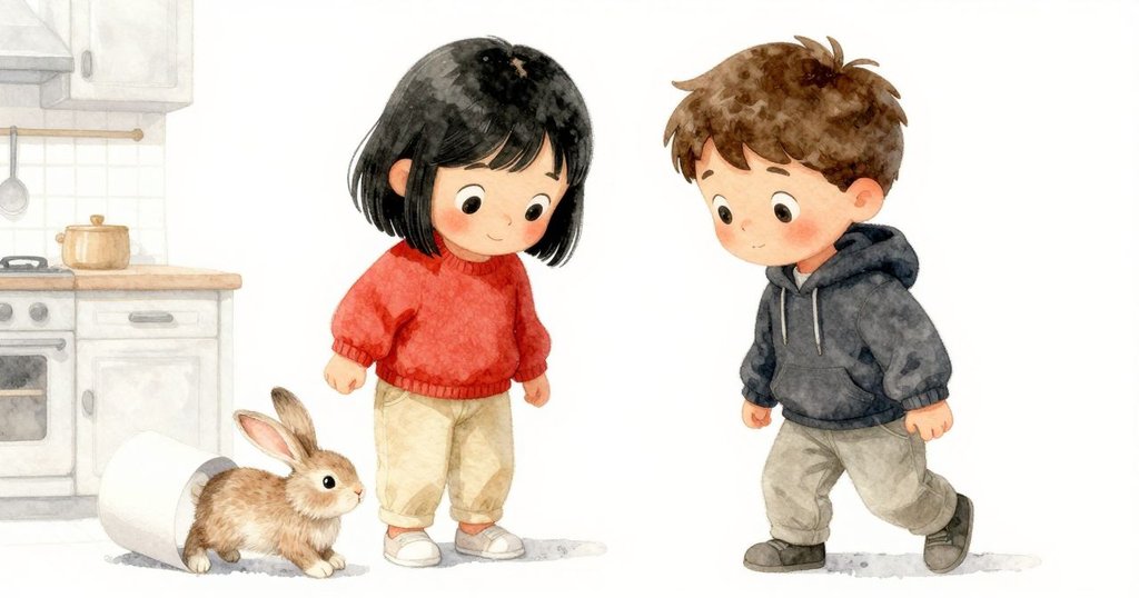 以玩具兔視角看見遊戲廚房旁捲曲的紙張，捕捉到彈簧隨微風輕輕擺動的瞬間，畫面充滿溫馨生動細節。