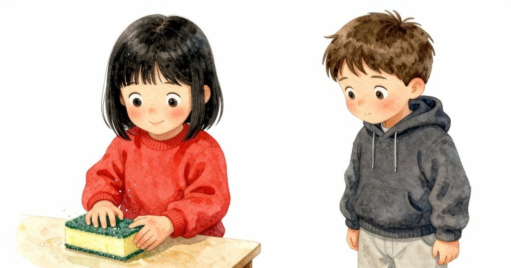 濕海綿靜置於低桌上，水珠在溫暖氣流中徐徐上升，沿邊緣的綠色痕跡細膩呈現，突顯教室微妙變化。