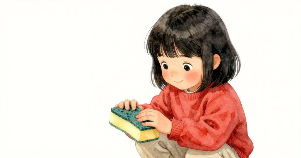 Viola 轉向觀察海綿乾燥邊緣，神情流露出好奇與堅定，畫面捕捉到她內心細膩又掙扎的思緒。