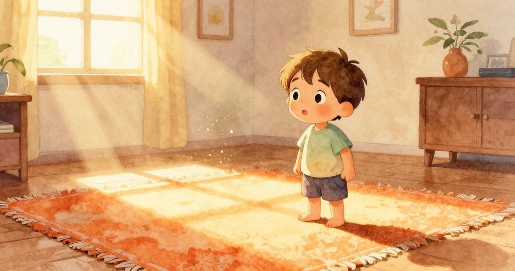 孩子在充滿溫暖陽光的房間裡注視著光線灑落地毯，輕柔塵埃隨光舞動，情緒平靜充滿期待