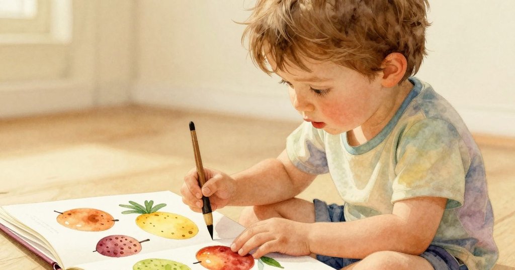 孩子近距離觀察打開的圖畫書，書上鮮明水果圖案與旁邊小刷子輕映在溫柔光線中，充滿好奇心