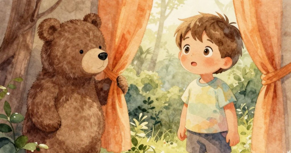 孩子站在分割畫面中，一邊看窗簾輕輕擺動，另一邊注視玩偶熊柔和影子，感受光影微妙變化