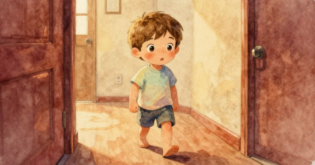 孩子步入柔和照明的走廊，隨著穩定步伐和溫柔問候聲，空間由明亮室內漸入過渡感