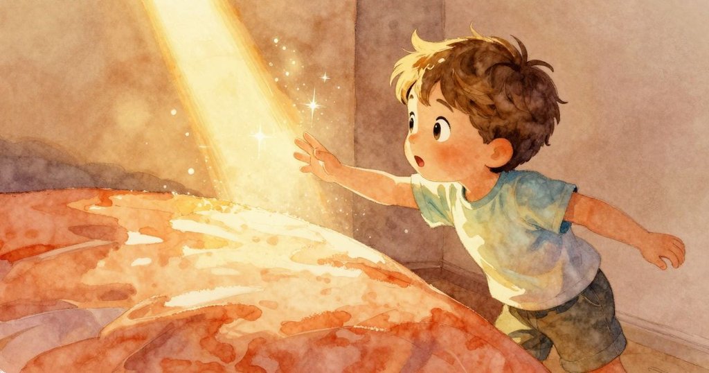 孩子伸手觸碰灑在整齊床鋪上的金色光束，光影跳動中透露著希望與積極，動作充滿情感