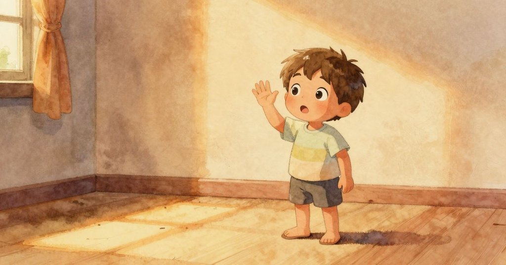 孩子在溫柔光影中輕輕揮手告別，背景房間逐漸隱去陽光，氛圍安逸迎向故事結尾