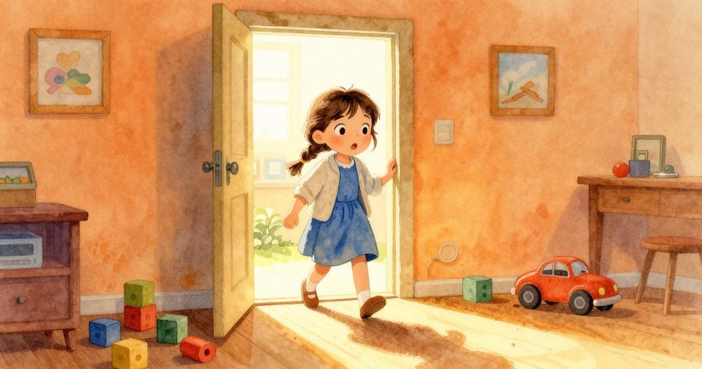 埃洛文步入明亮溫馨的遊戲室，迎接晨光中滾動的玩具車和散落積木，充滿期待的表情