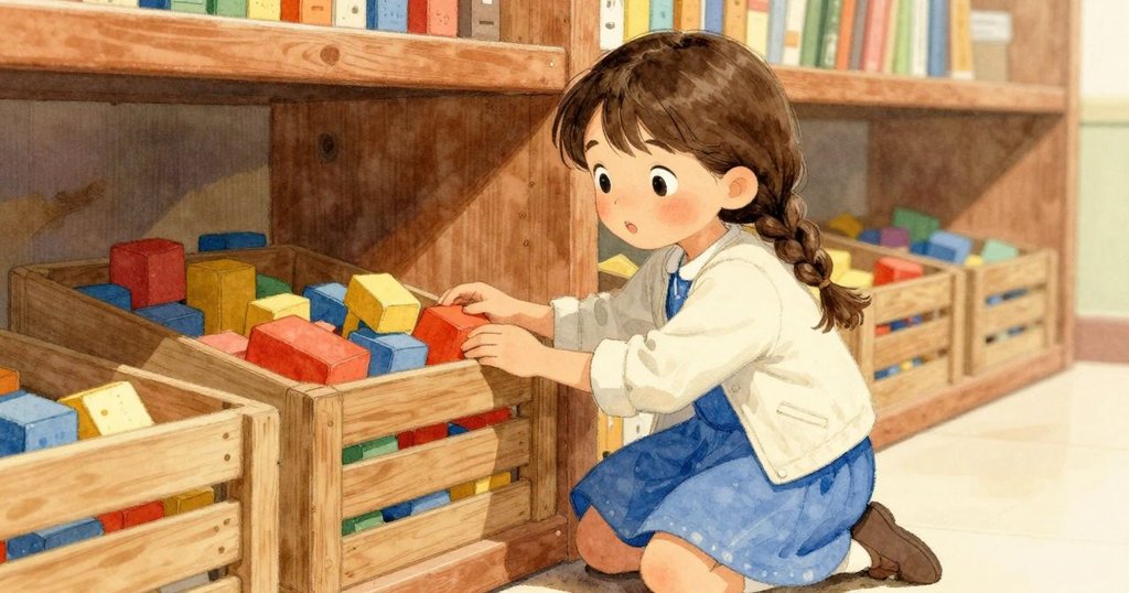 埃洛文跪在書架旁仔細觀察木箱，箱中亮磚微響，充滿好奇與驚嘆的情感在暖陽中展現