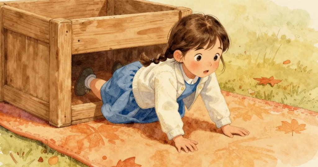 埃洛文在充滿秋意的室內輕推扁平積木進入木箱下，柔軟墊子散發溫暖色調，動作專注而穩定