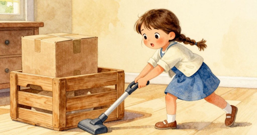 埃洛文滿懷決心拿起小型吸塵器掛住木箱，木箱輕輕滑動，露出隱藏的小紙箱，場景活潑創新