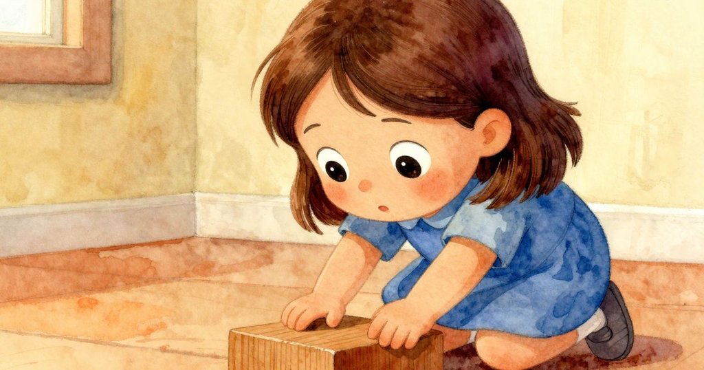 佩翠近距離注視著木塊與鉛筆,她用輕觸動作展現出深切好奇及專注的情感