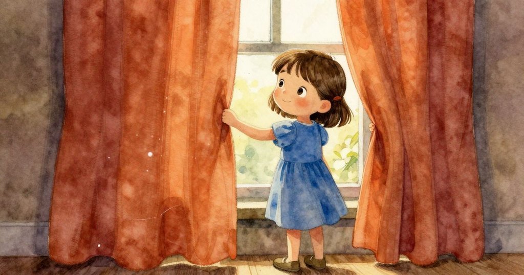 佩翠輕輕掀起窗簾角落,陽光灑進房間,塵埃在光中飛舞,她滿懷好奇的神情洋溢著溫暖