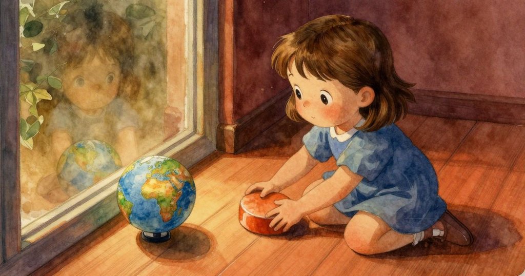 佩翠在溫馨房間中將橡膠行星放在桌上,橡膠球緩慢滾動撞向窗玻璃,呈現平靜而有趣的動作