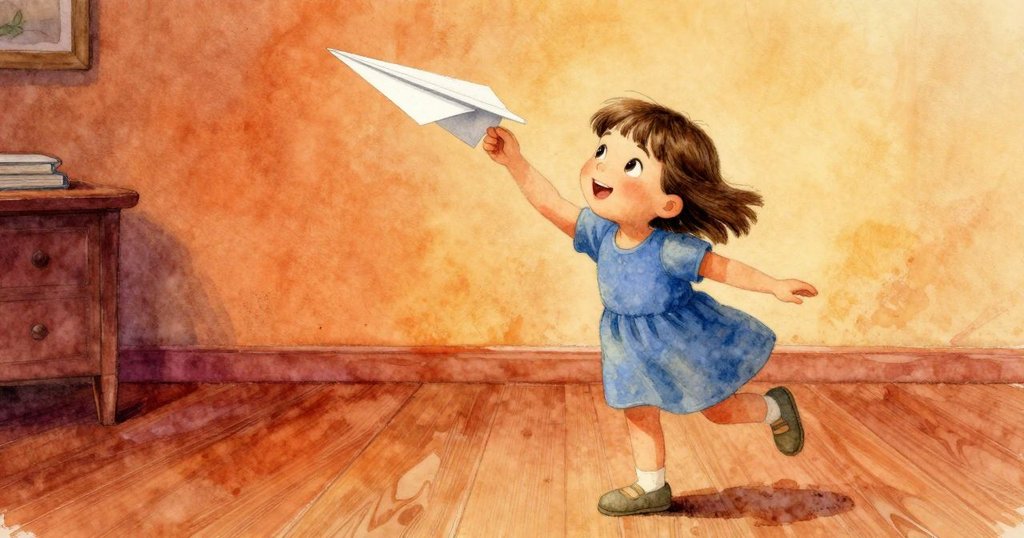 佩翠興奮地看著一架紙飛機在房間內優雅飛行,面帶喜悅,充滿生氣與活潑的互動時刻