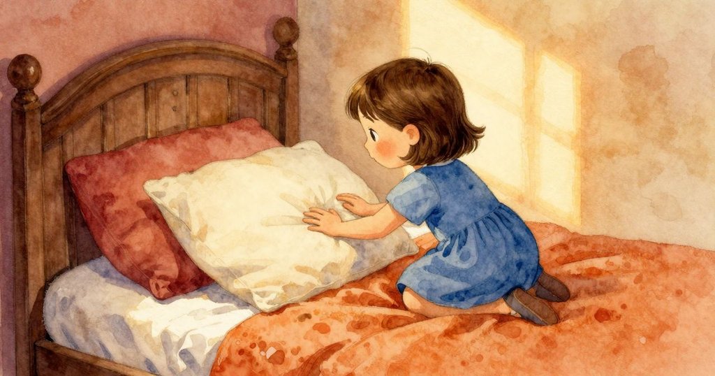 佩翠在溫馨的臥室中輕拍厚枕,房間中柔和日光與影子交織,她面帶寧靜,結束了一天充滿互動的美好時光