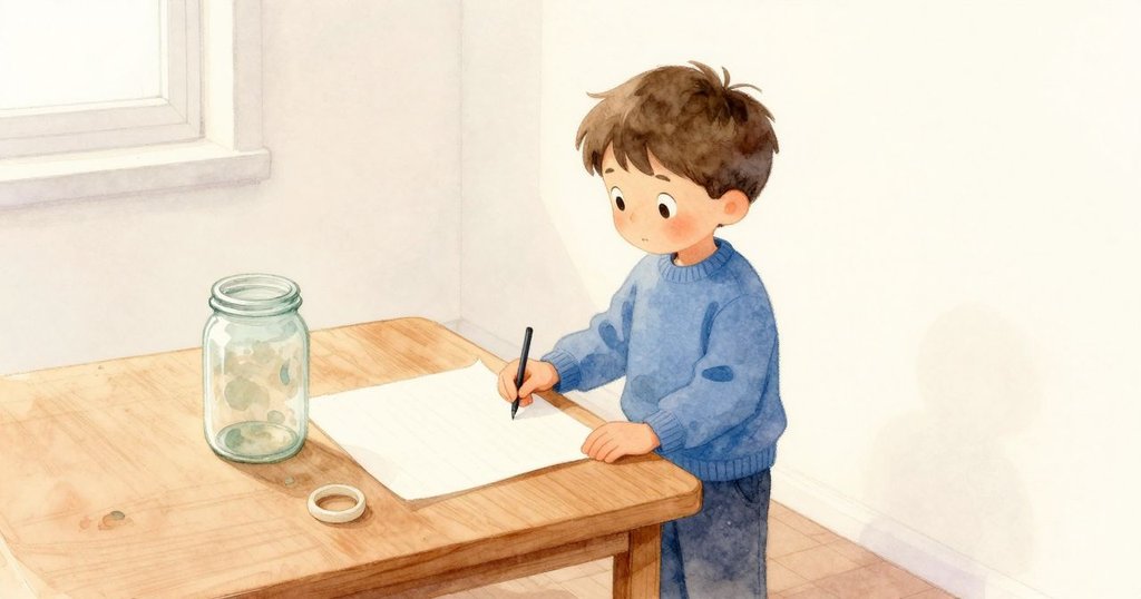 Niall站在桌旁,清晨柔和光線灑落,桌上有乾蠟、淡環和微笑蠟筆,展開新一天的觀察與探索