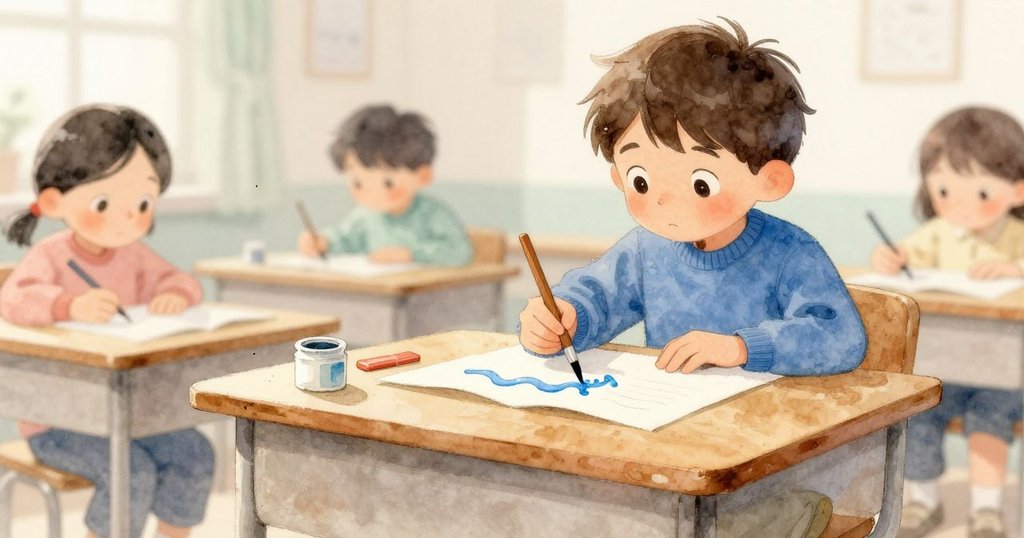 從小昆蟲視角看書桌上的藝術品,藍色畫波、滴色筆刷與留白膠點豐富細節,遠處可見Niall手部動作