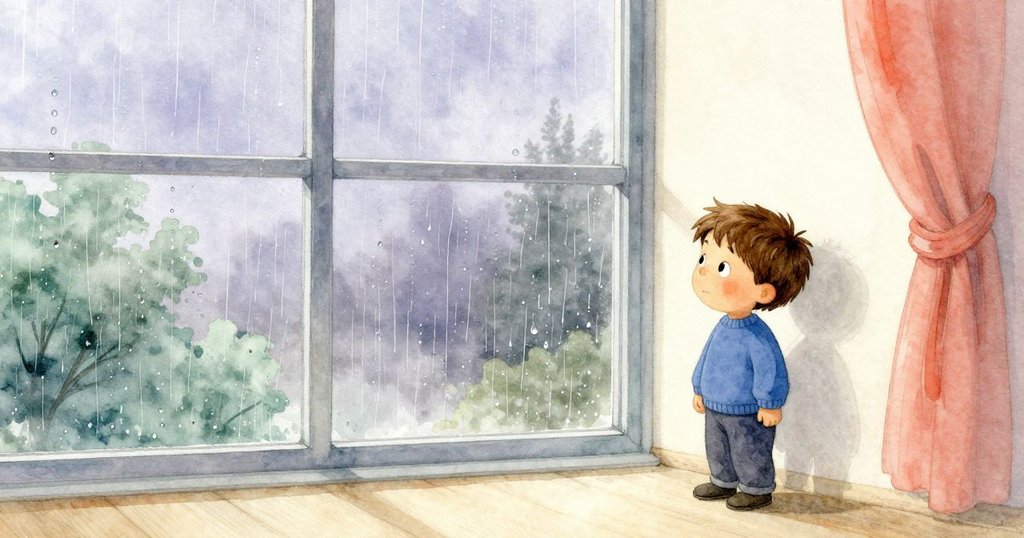 Niall站在高窗前,雨滴輕敲玻璃,室內與室外景致融合,展現出沉思與柔和氛圍