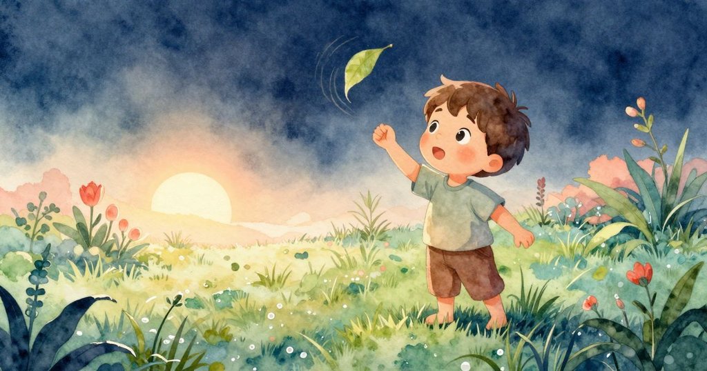 早晨花園中,Jude靜靜走近並觀察旋轉的葉子,濕潤草地上晨光柔和,充滿期待