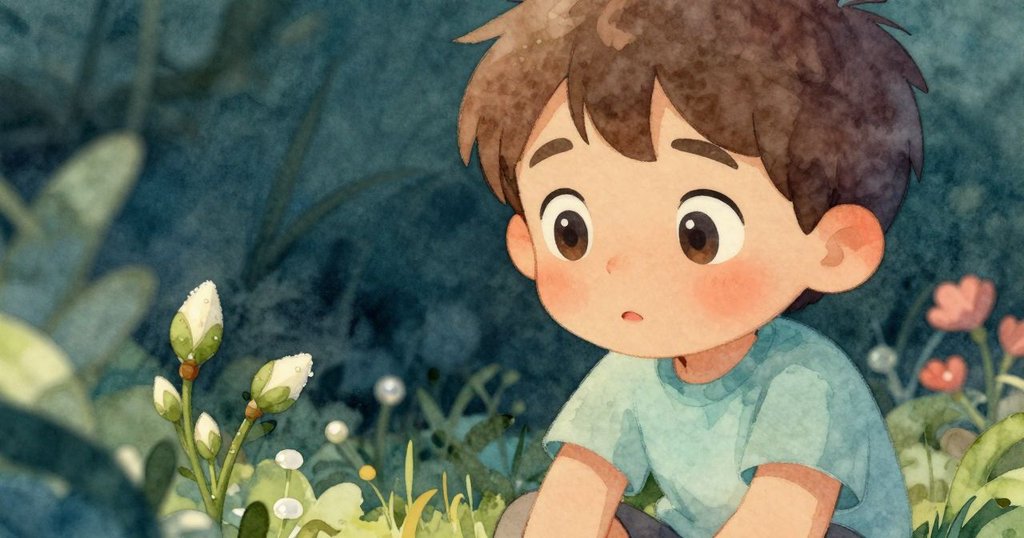 Jude專注觀察半開花苞與露珠,眼神中充滿驚奇與細膩情感,畫面細緻傳達自然之美