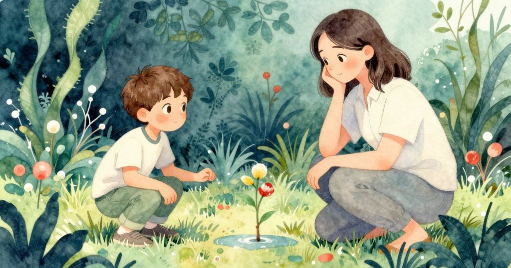 畫面分割展示花苞徐徐綻放與細枝橫跨水洼,花園角落中展現大自然細緻變化的兩個瞬間