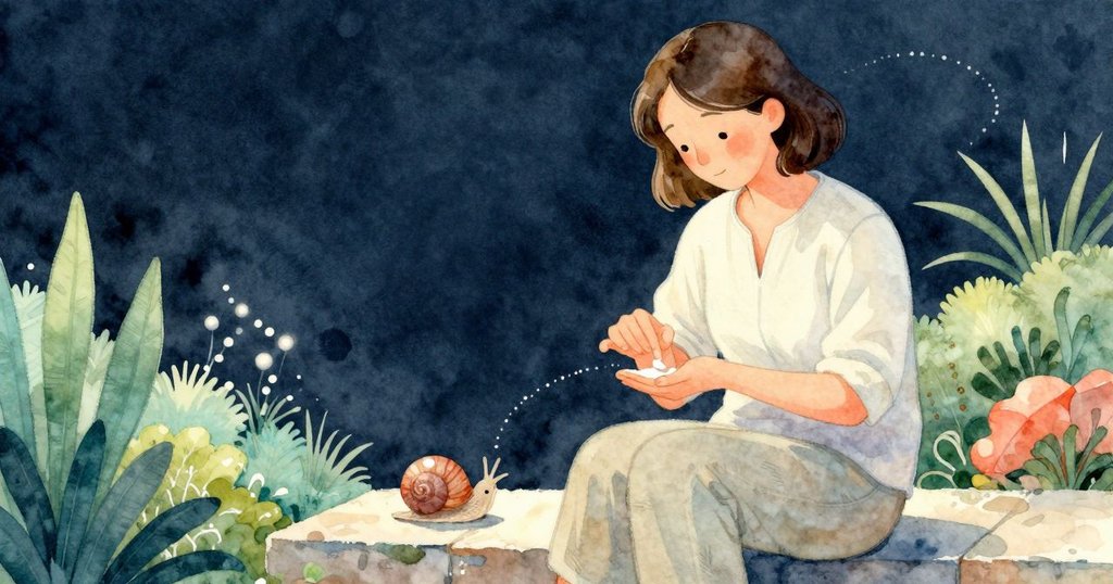 Keira在花園台階邊塗抹乳液,表情略帶憂愁,銀色蝸牛痕跡在蔭影中閃爍,氛圍寧靜