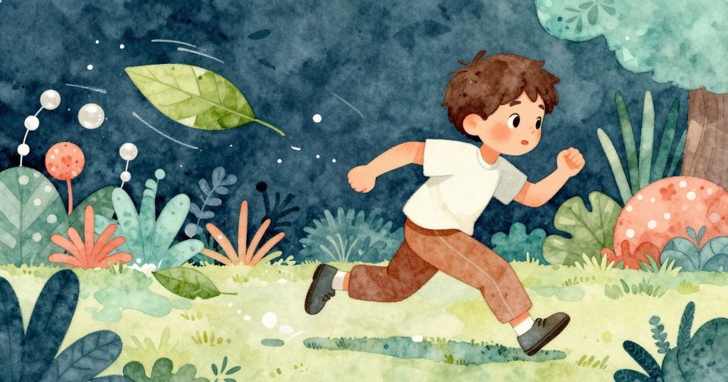 Jude活力追逐迅速旋轉的葉子,動態場景中呈現生氣與緊迫感,背景中的花園充滿晨光