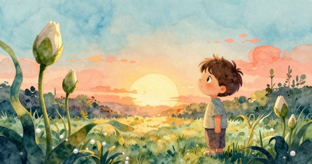 日落時分,Jude面帶反思微笑,欣賞盛開花苞與金色光芒渲染的寧靜花園,情感溫馨且寧靜